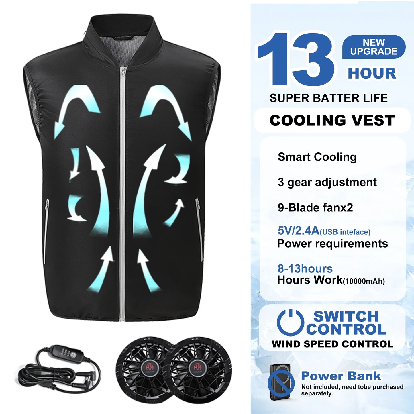Electric Fan Vest Cool Vest Cooling Fan Vest Air-conditioned Clothes Hiking Cooling 13 Hours High Temperature Work Fishing Vest