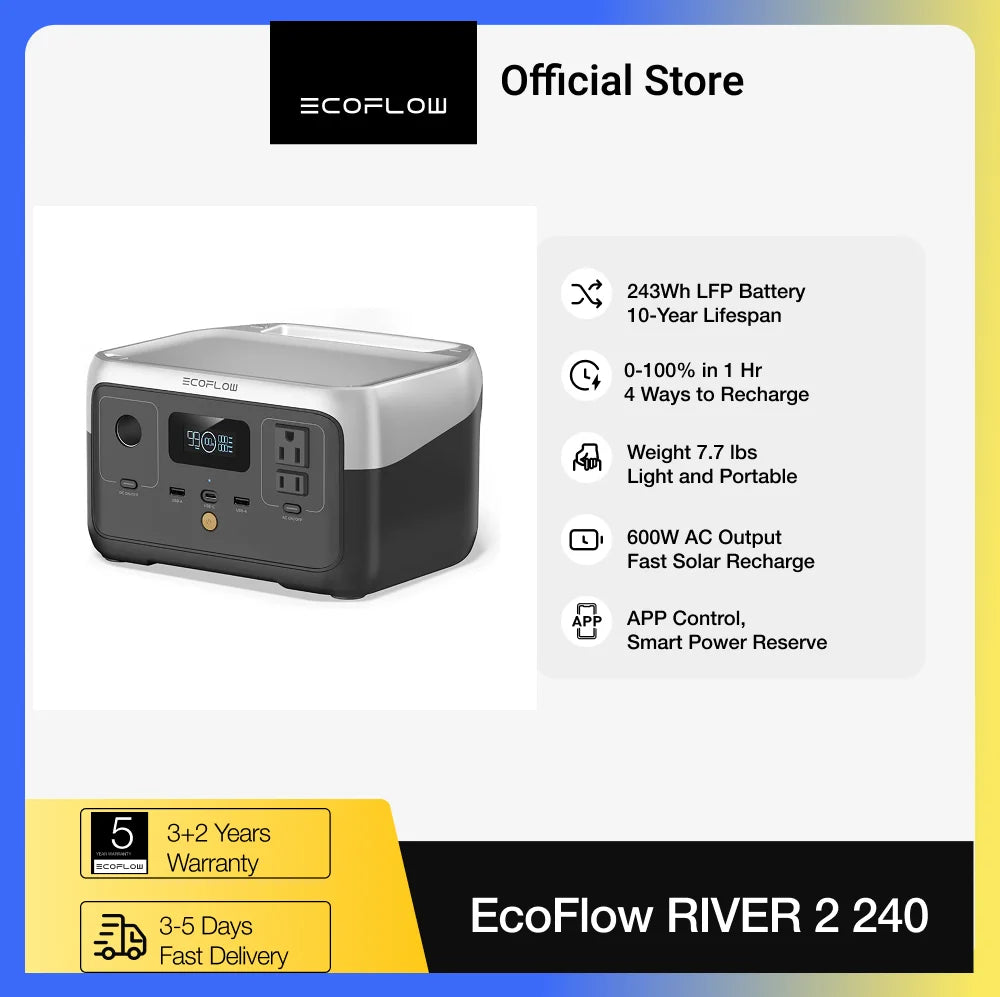 ECOFLOW Portable Power Station RIVER 2, 243Wh LiFePO4 Battery/ 1 Hour Fast Charging, 2 Up to 600W AC Outlets, Solar Generator