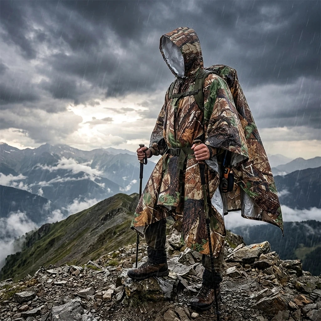 1PC Camo Waterproof Rain Poncho Hooded Raincoat for Camping Hiking Fishing Hunting Trekking Outdoor Emergency Cloak Cover Men Women Unisex