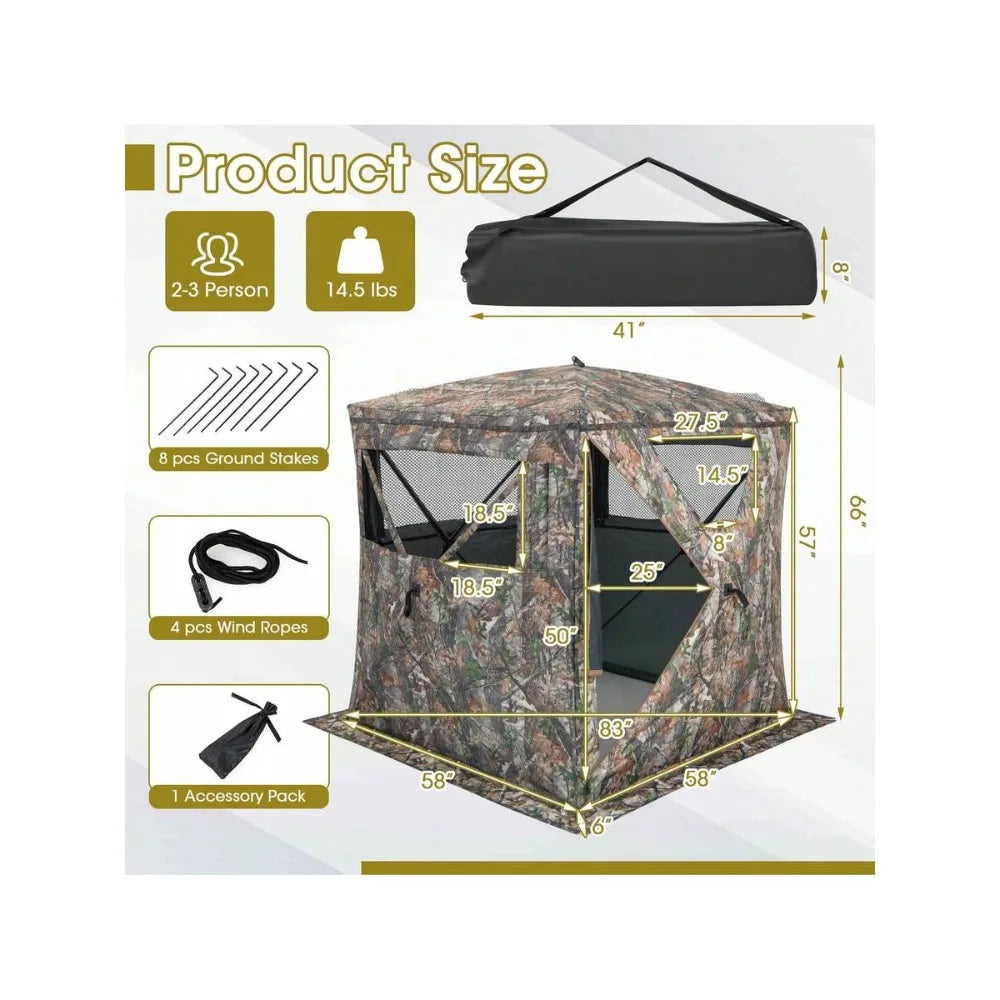 Universal Pop Up Hunting Blind Ground Tent for 2-3 Person Portable Easy Setup with Carry Bag Storage Pocket 360 Degree Camouflage Window Mesh Panels Realtree Xtra Pattern for Deer Turkey Waterfowl Shooting