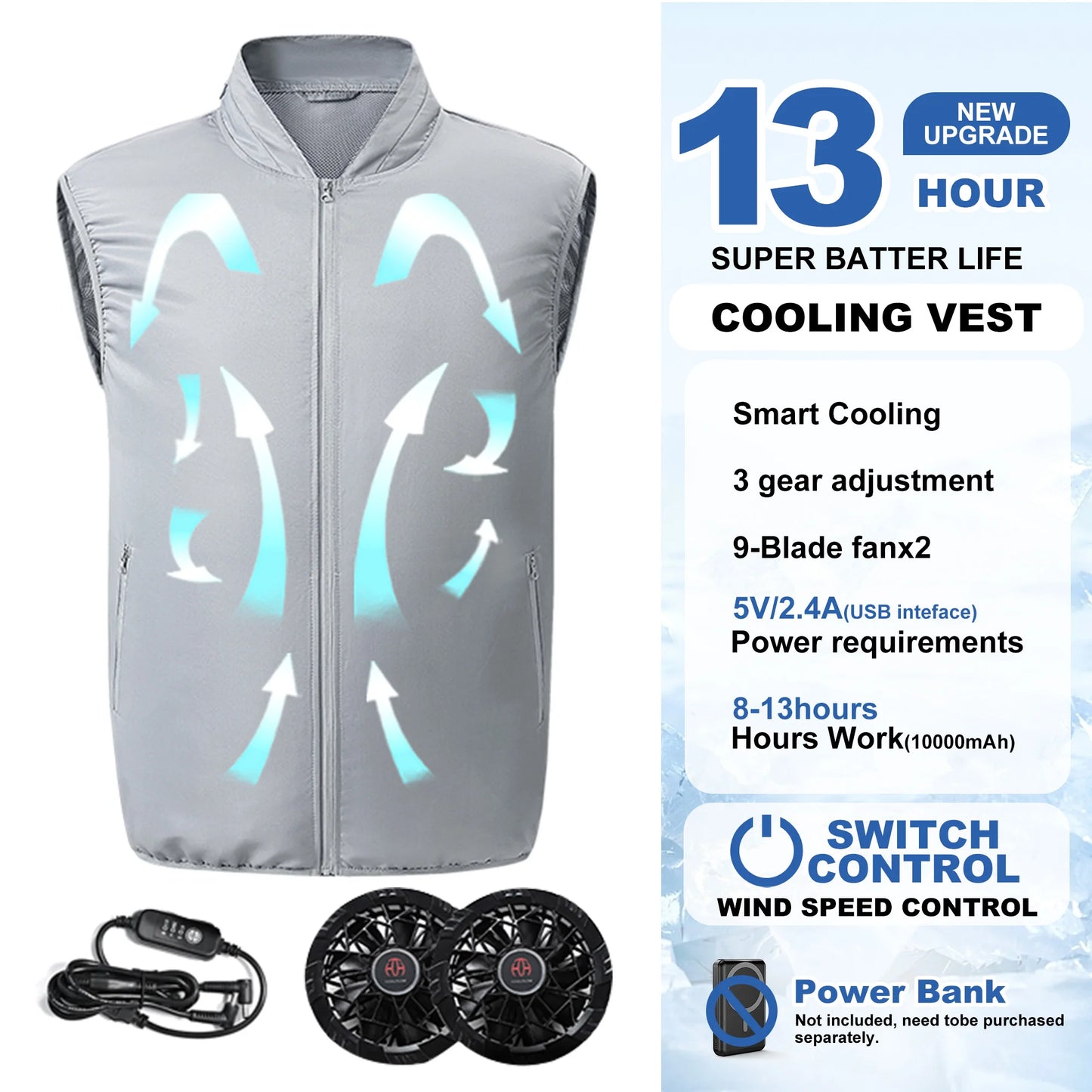 Electric Fan Vest Cool Vest Cooling Fan Vest Air-conditioned Clothes Hiking Cooling 13 Hours High Temperature Work Fishing Vest