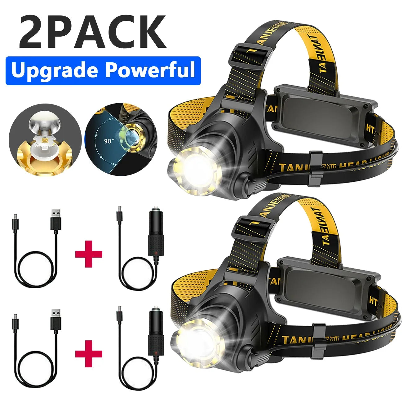 Must-have Headlamp for Outdoor Activities, 2 Pack with 3 Light Modes, Perfect for Night Hiking, Camping and Night Work, Equipped with Car Charger and USB Cable