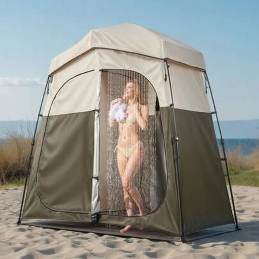 2-Person Camping Shower Tent Portable Privacy Dressing Room with Carry Bag 150D Oxford Fabric Silver Coating Changing Toilet Shelter Foldable Pop Up with Ground Stakes Ropes Outdoor Hiking Beach Fishing