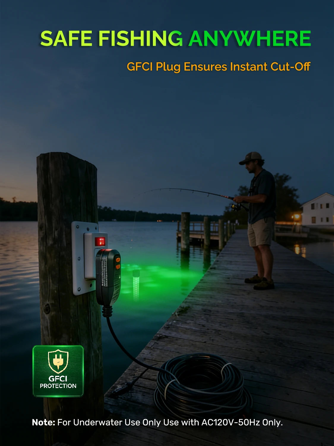 4000LM Green Underwater Fishing Light, 50W 12V LED Power Clamp/Cigarette Lighter with 50ft Cable, IP68 Submersible Light Attractants for Night Fishing, Dock, Boat or Kayak