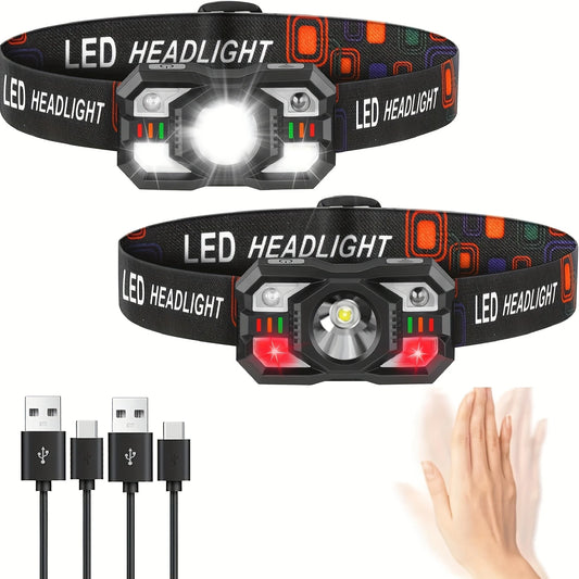 Headlamp Flashlight, Ultra-Lightweight, High-Brightness LED Rechargeable Headlamp with White and Red Light, 2-Pack Motion-Sensing Headlamps, 5 Lighting Modes and Dual Independent Switches, Ideal for Outdoor Camping, Running,