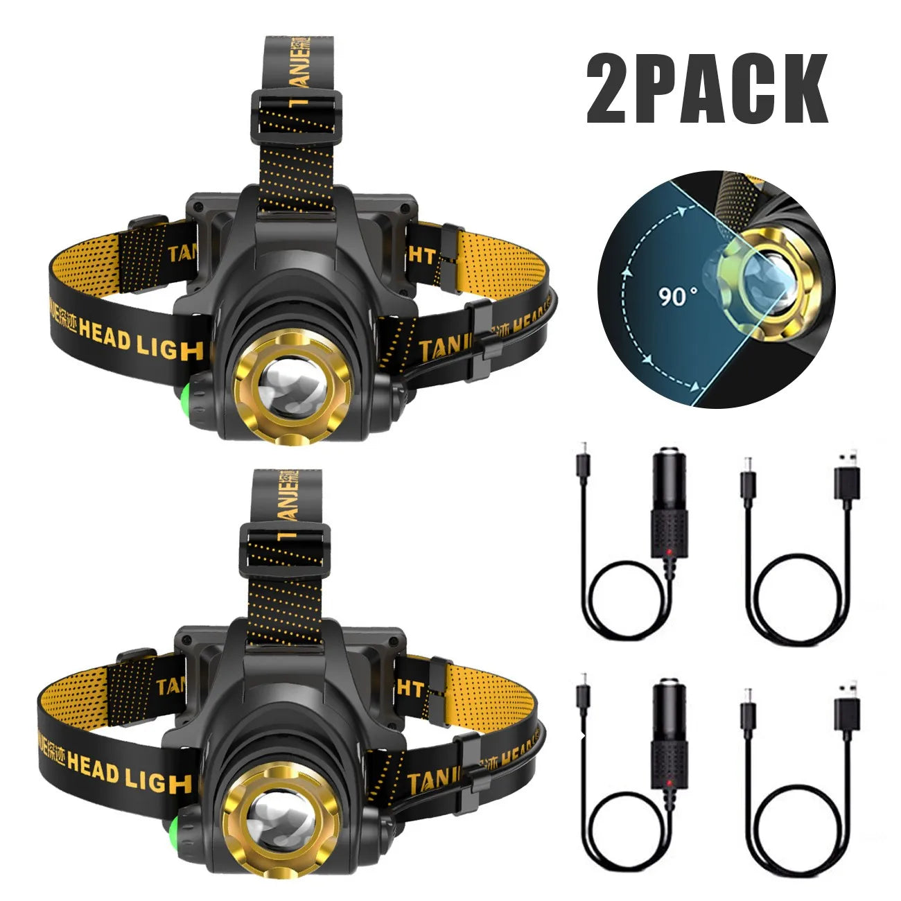 Must-have Headlamp for Outdoor Activities, 2 Pack with 3 Light Modes, Perfect for Night Hiking, Camping and Night Work, Equipped with Car Charger and USB Cable