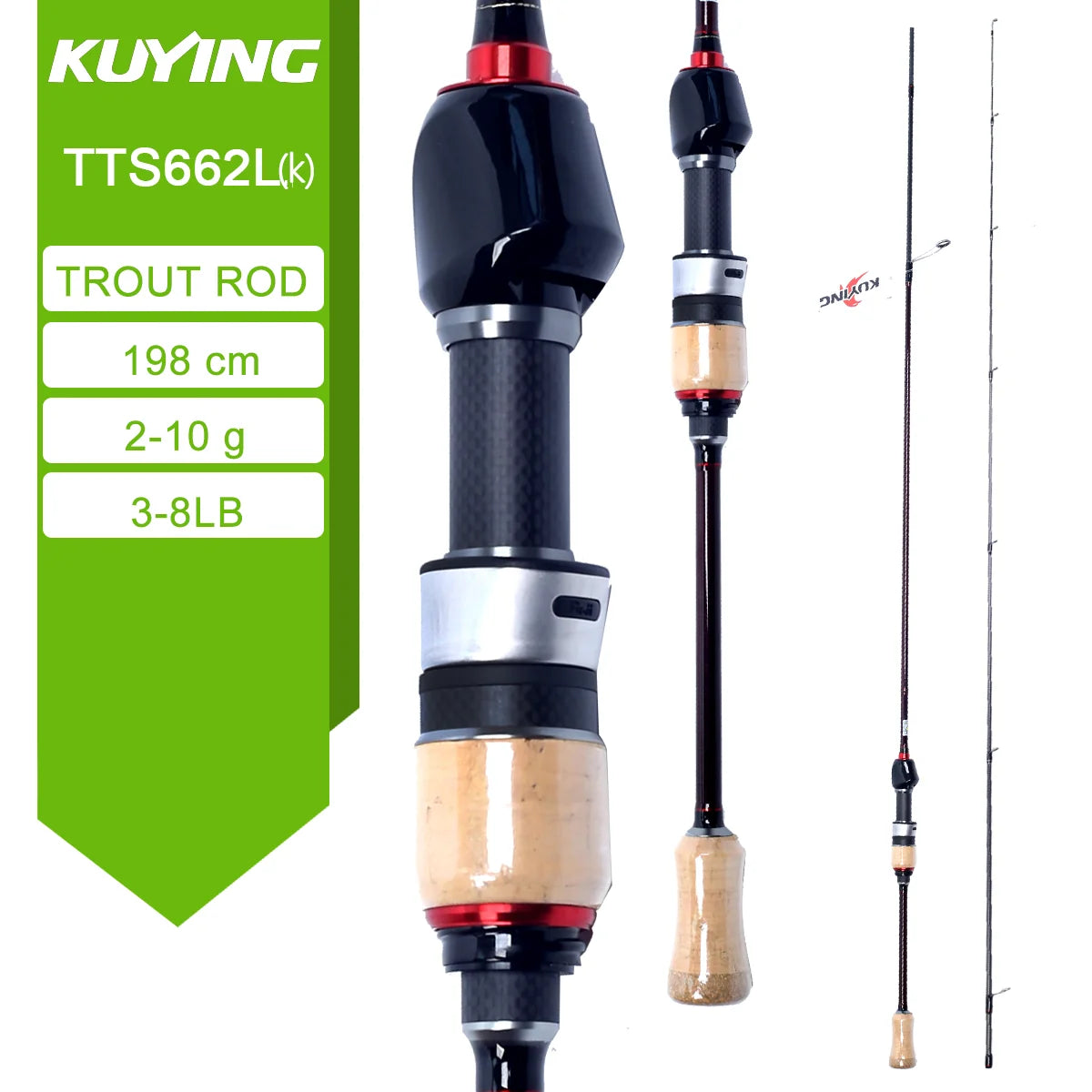 KUYING TETON L Light 1.98m 6'6" Carbon Fishing Rod Spinning Casting FUJI Reel Seat Ring 2-10g 3-8lb Medium Fast Trout
