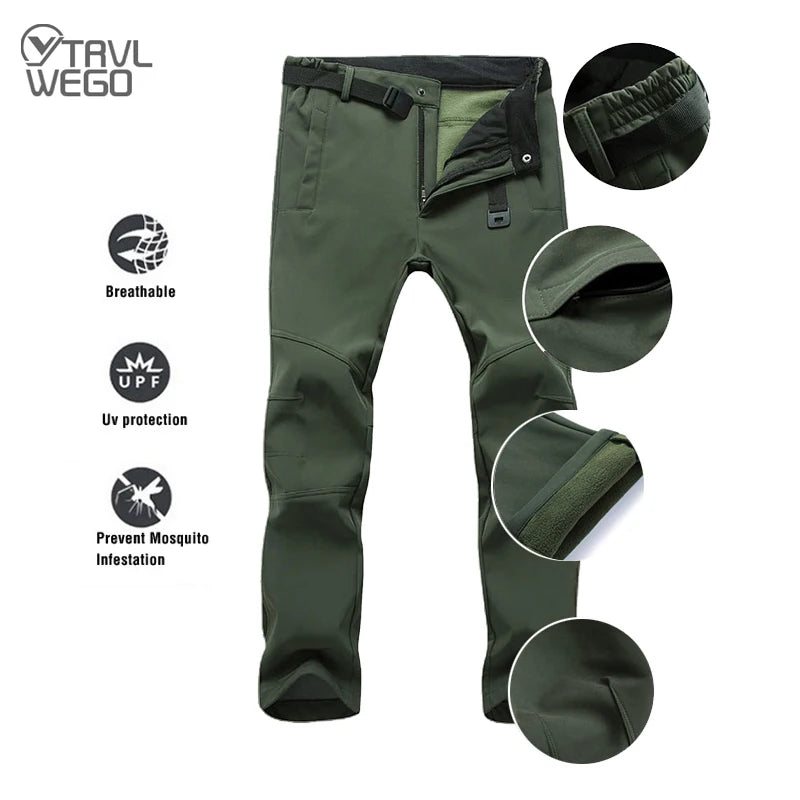 TRVLWEGO Winter Men Camping Hunting Fishing Hiking Pants Tactic Travel Soft Shell Warm Waterproof Fleece Windproof Outdoor Trekking Trousers