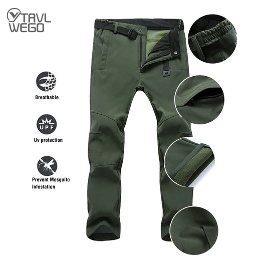 TRVLWEGO Winter Men Camping Hunting Fishing Hiking Pants Tactic Travel Soft Shell Warm Waterproof Fleece Windproof Outdoor Trekking Trousers