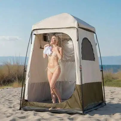 2-Person Camping Shower Tent Portable Privacy Dressing Room with Carry Bag 150D Oxford Fabric Silver Coating Changing Toilet Shelter Foldable Pop Up with Ground Stakes Ropes Outdoor Hiking Beach Fishing