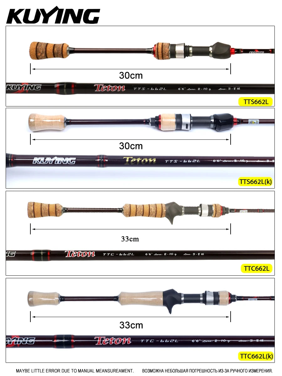 KUYING TETON L Light 1.98m 6'6" Carbon Fishing Rod Spinning Casting FUJI Reel Seat Ring 2-10g 3-8lb Medium Fast Trout