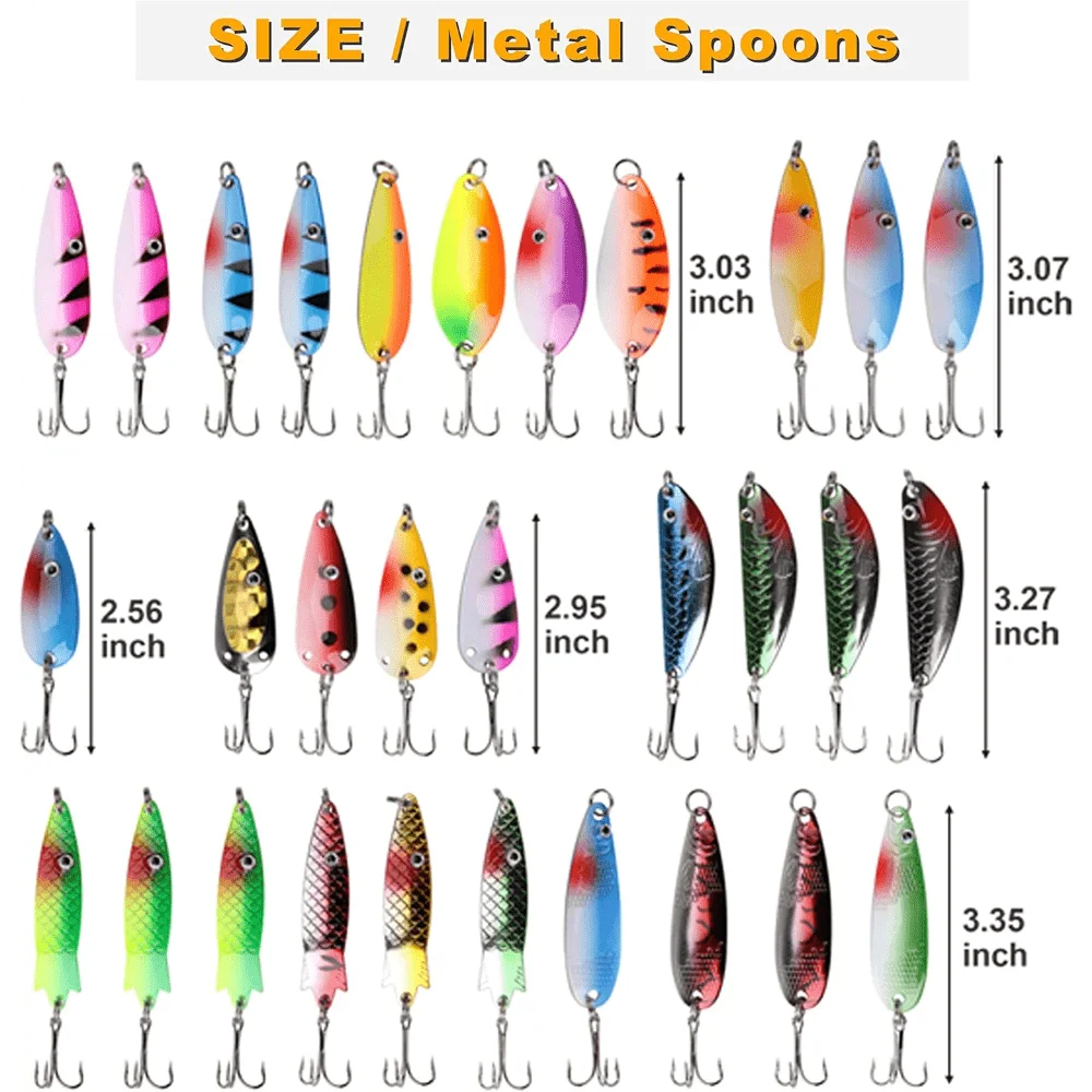 30pcs/Kit Colorful Metal Spoons Fishing Lures Baits Tackle Kit with Treble Hooks Fishing for Trout Salmon Bass Walleye Saltwater Freshwater