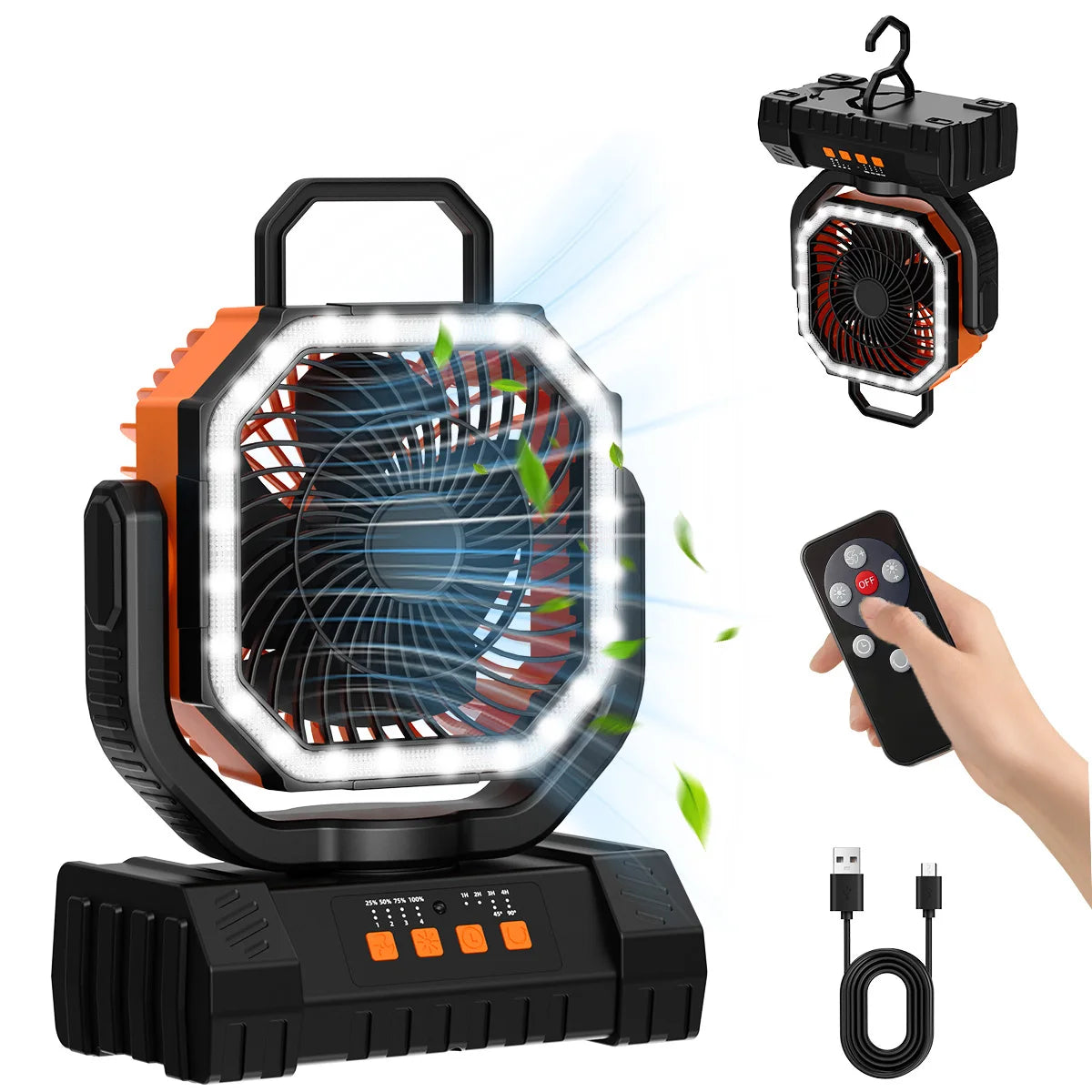 20000mAh Battery Powered Fan Rechargeable Camping Fan 4 Speeds Gear with LED Outdoor Tent Fans with Hanging Hook Remote
