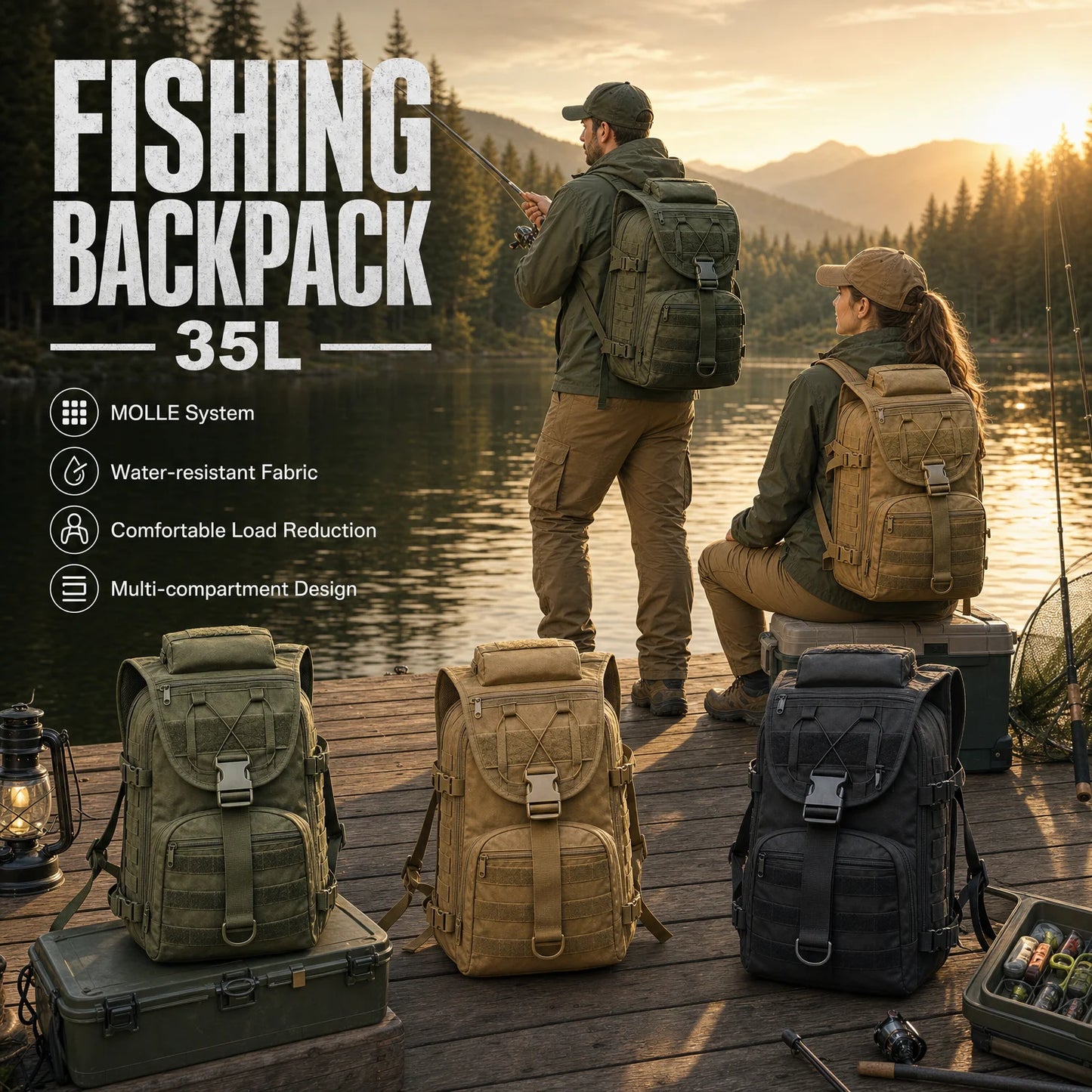35L Fishing Tackle Backpack with MOLLE System & Multiple Sub-Pockets, Water-Resistant Outdoor Rucksack for Freshwater Saltwater Kayak River Angling Gear