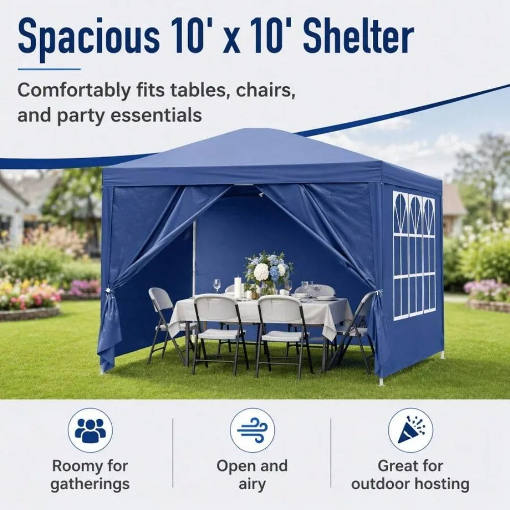 10x10 Pop up Gazebo Outdoor Canopy Tent with Mesh Sidewalls, Waterproof Patio Gazebo for Backyard Garden Lawn, Portable Sun Shade Shelter for Wedding Party BBQ Camping Catering Events, Blue, Steel Frame