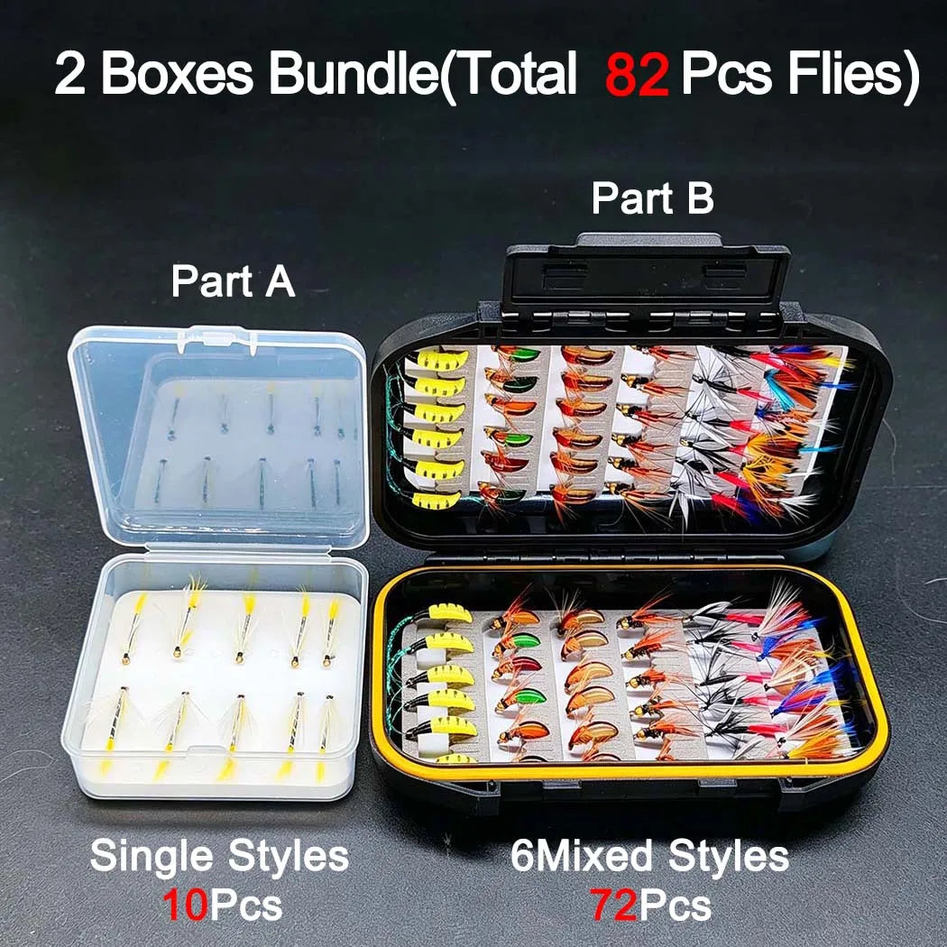 Fly Fishing Flies Kit-2 Boxes Bundle(Total 82Pcs Flies)Fly Assortment Trout Bass Fishing with Fly Box with Dry/Wet Flies, Nymphs