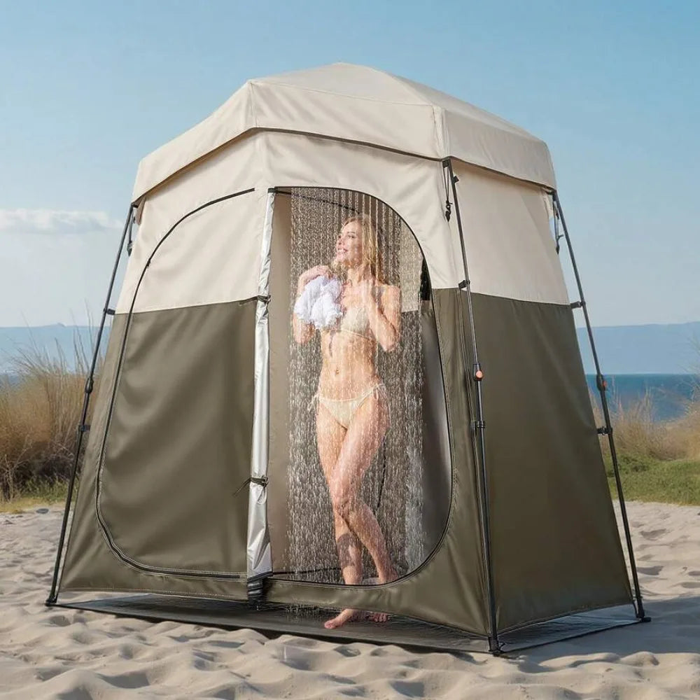 2-Person Camping Shower Tent Portable Privacy Dressing Room with Carry Bag 150D Oxford Fabric Silver Coating Changing Toilet Shelter Foldable Pop Up with Ground Stakes Ropes Outdoor Hiking Beach Fishing