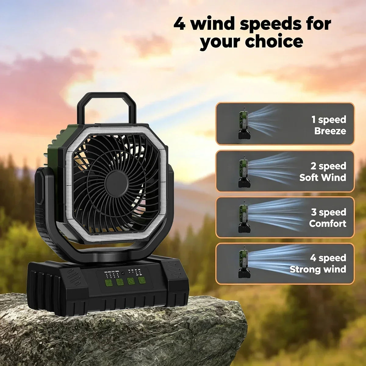 20000mAh Battery Powered Fan Rechargeable Camping Fan 4 Speeds Gear with LED Outdoor Tent Fans with Hanging Hook Remote
