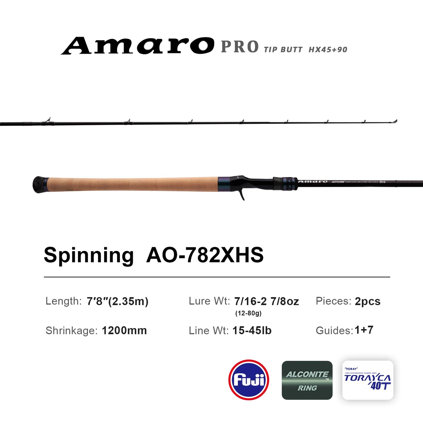 PURELURE Amaro PRO Heavy Duty Travel Fishing Rod 2 Piece Spinning & Casting Big Game Rod 40T T1100G Carbon Fiber Blank FUJI Alconite Guides One-piece Extended Cork Handle