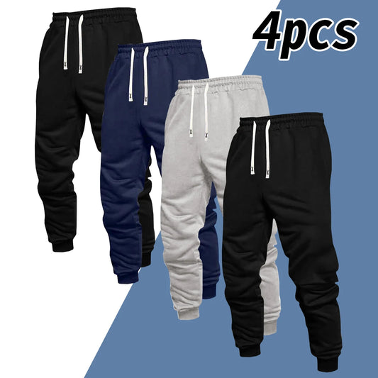 Men's 4-piece casual pants, solid color sports pants, and ankle tied outdoor pants can be worn for hunting fishing camping hiking all year round