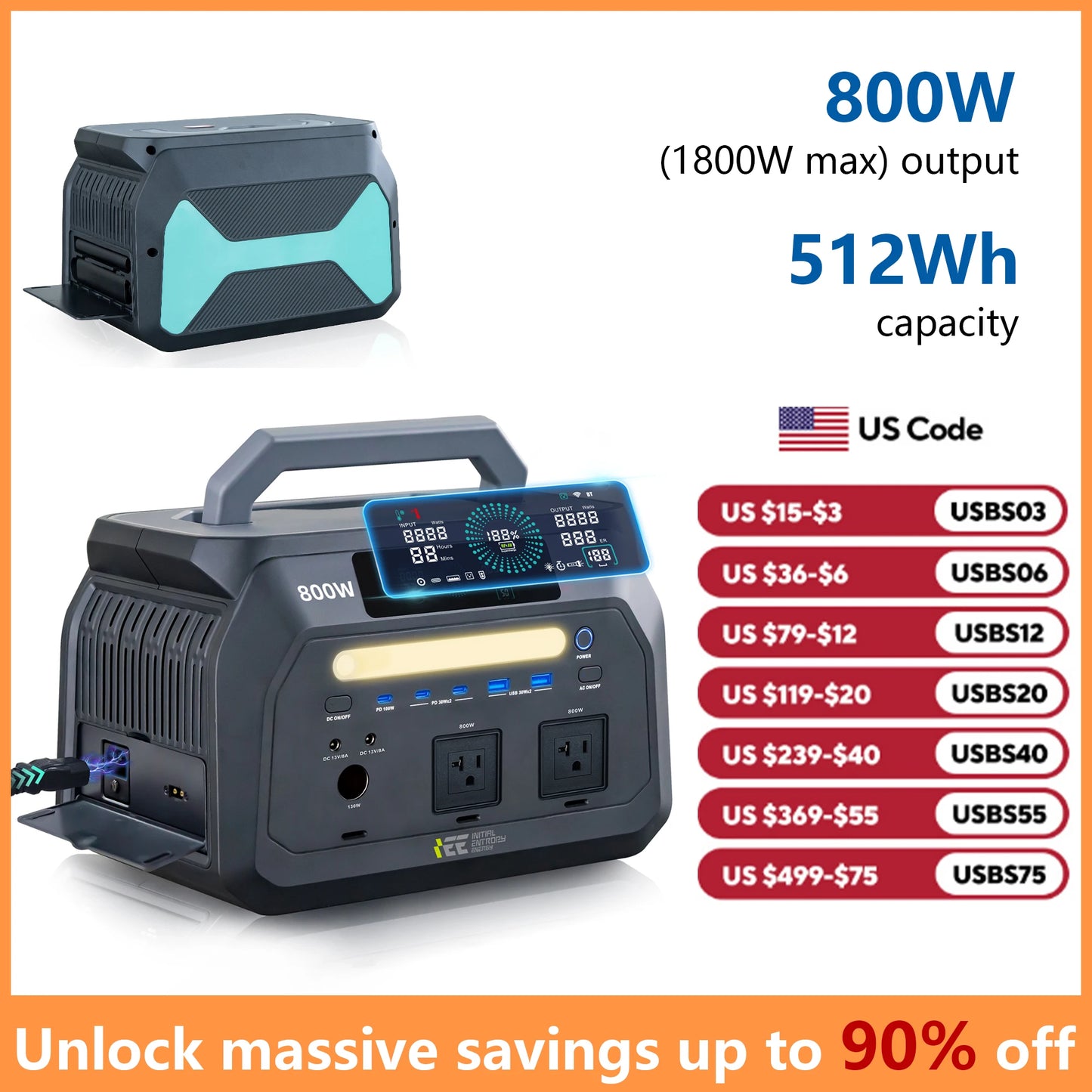 IEE 800W Portable Power Station, 512Wh LiFePO4 Generator, 1600W Peak Solar Generators, 800 Wat Power Source, 2x800W AC Outlets Lightweight & Quiet Solar Generator for Camping, Home Emergency, RV & Outdoor Travel