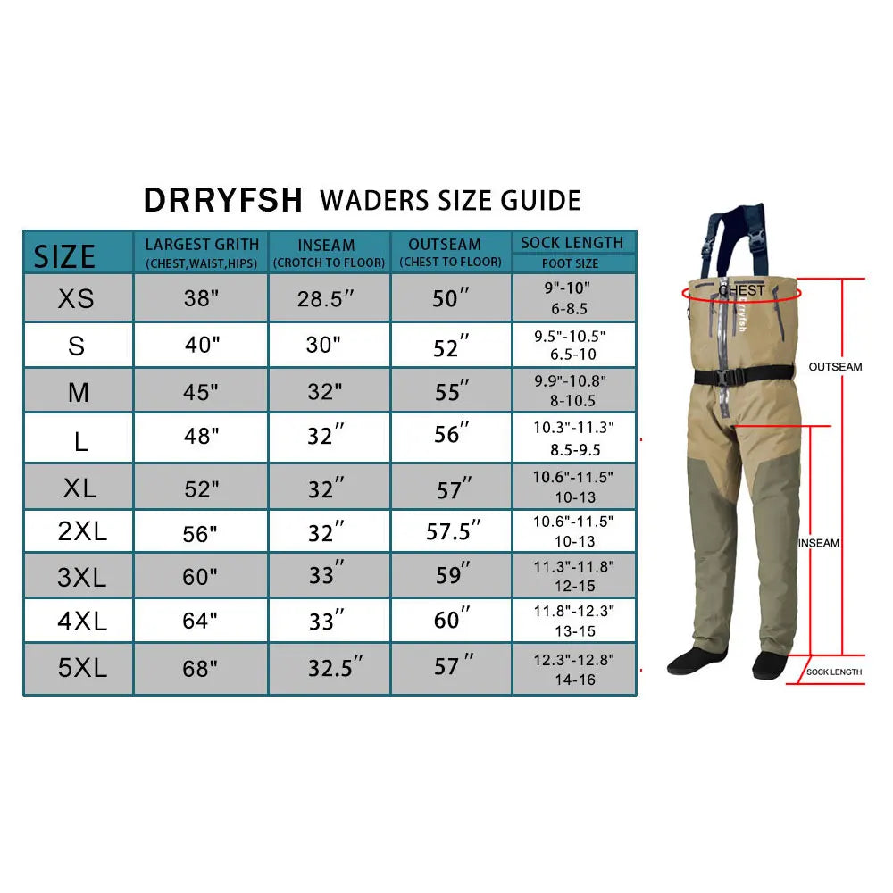 Dryfish Men Front Zipper Chest Waders Waterproof Breathable Stockingfoot Fishing Wader with Multi Pockets Adjustable Waist Belt for Fly Fishing Hunting Outdoor Stream Wading