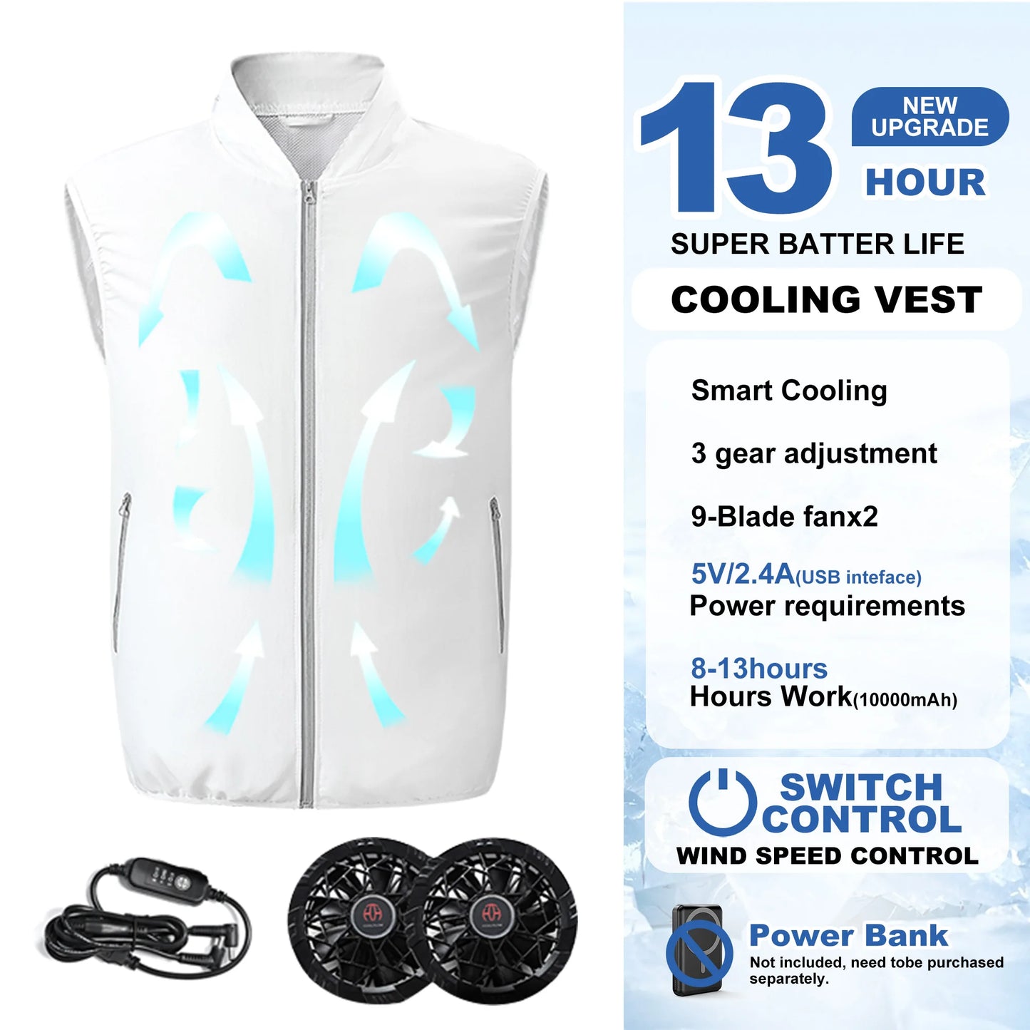 Electric Fan Vest Cool Vest Cooling Fan Vest Air-conditioned Clothes Hiking Cooling 13 Hours High Temperature Work Fishing Vest
