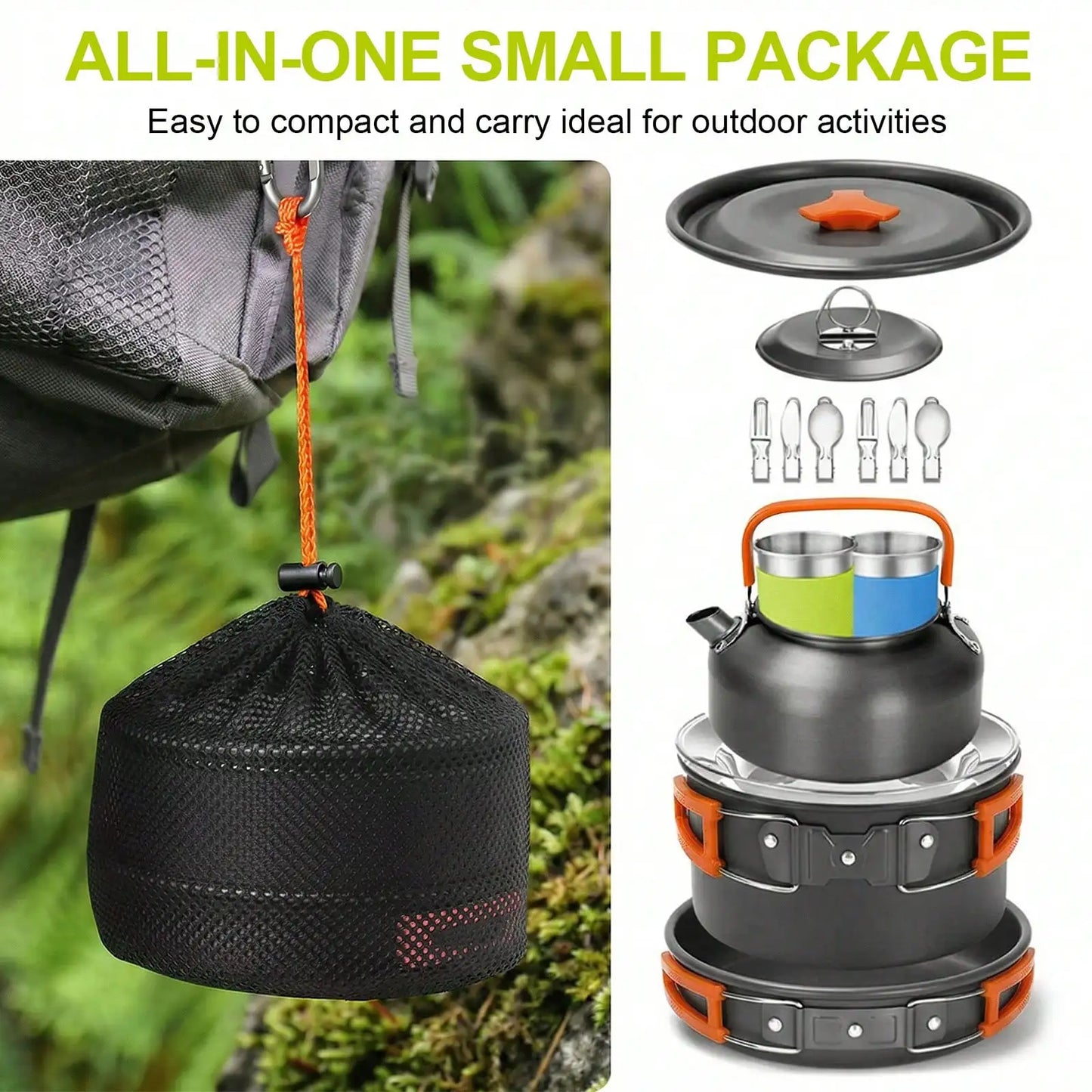 14PCS Camping Cookware Set, Non-Stick Outdoor Cooking Kit With Frying Pan, Pot With Lid, Kettle, 2 Stainless Steel Plates, 2 Folding Cups, 2 Knives Fork Spoons, Perfect For Camping, Hiking, Backpacking & Picnic