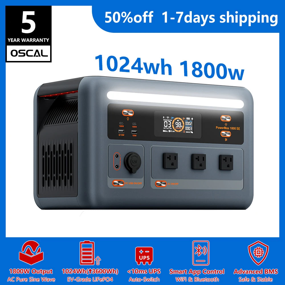 OSCAL PowerMax 1800se 1800W Portable Power Station 1024Wh LiFePO4 Continuous 3600W Surge 1H Fast Charge UPS Solar Generator APP Control for Home Hurricane Camping RV