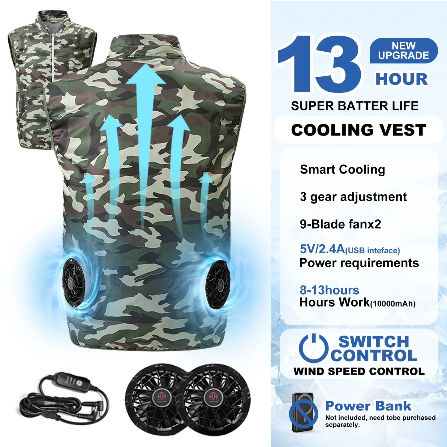 Electric Fan Vest Cool Vest Cooling Fan Vest Air-conditioned Clothes Hiking Cooling 13 Hours High Temperature Work Fishing Vest
