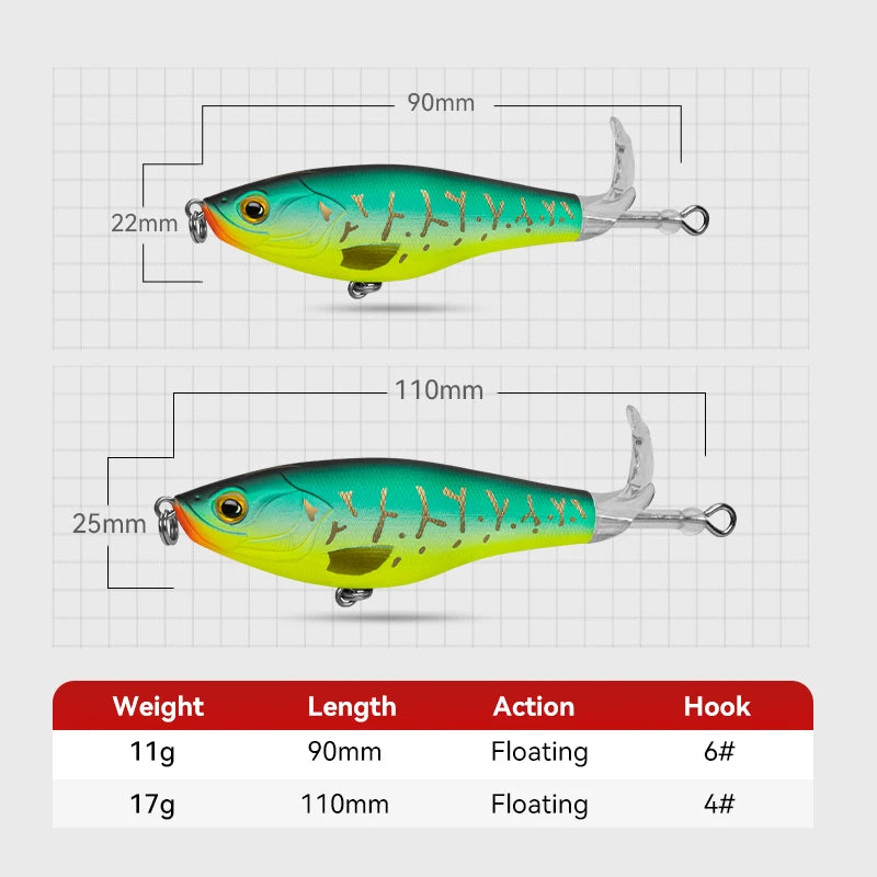 Kingdom 3PCS Topwater Lure Set 90mm/11g & 110mm/17g Artificial Popper Whopper Plopper Hard Wobblers for Bass Trout Pike Zander Fishing