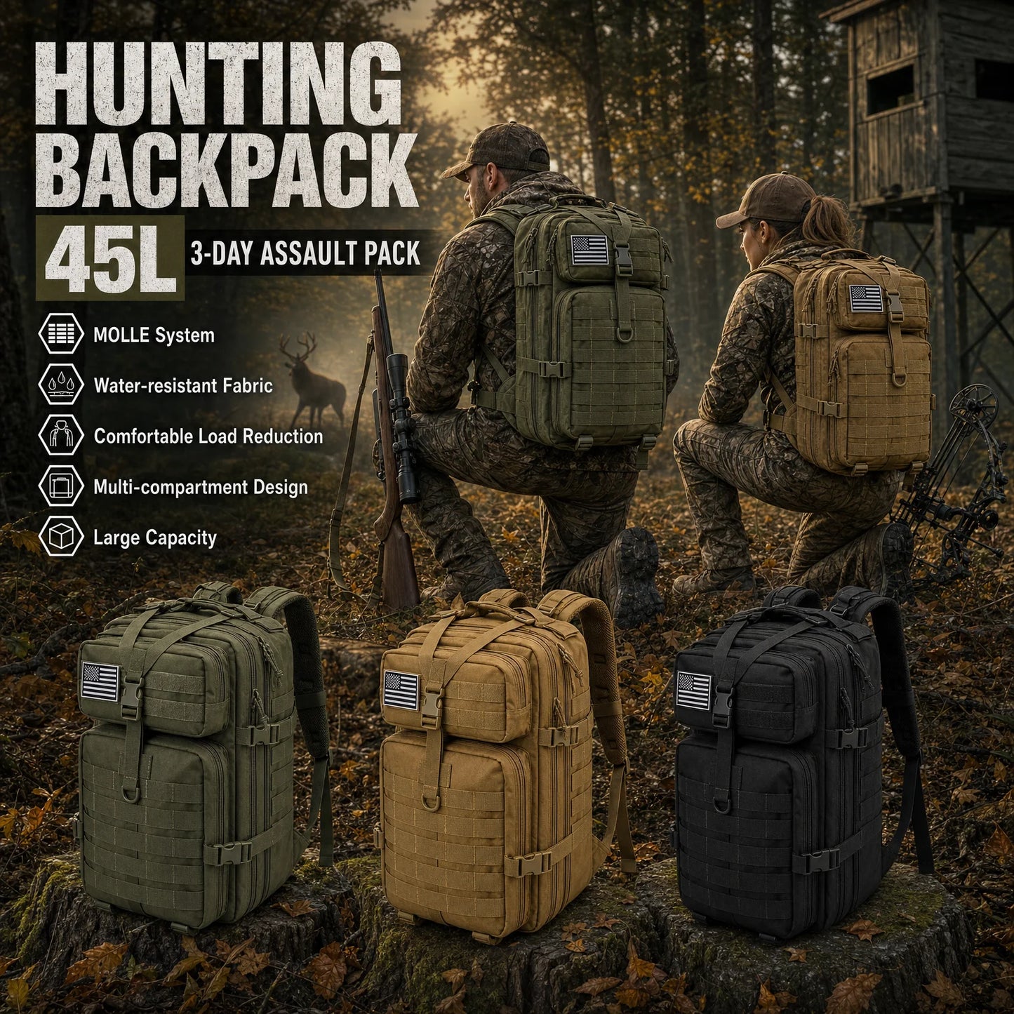 45L Tactical Hunting Backpack Molle Camo Water Resistant Outdoor Field Bag Camping Hiking Trekking Bushcraft Survival Bug Out Bag Large Capacity Rucksack Daypack Men Women Hunters Durable Wear Resistant Heavy Duty Multi Pocke