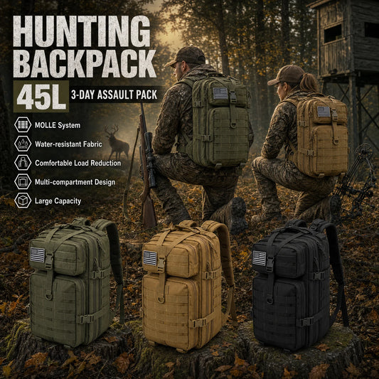 45L Tactical Hunting Backpack Molle Camo Water Resistant Outdoor Field Bag Camping Hiking Trekking Bushcraft Survival Bug Out Bag Large Capacity Rucksack Daypack Men Women Hunters Durable Wear Resistant Heavy Duty Multi Pocke