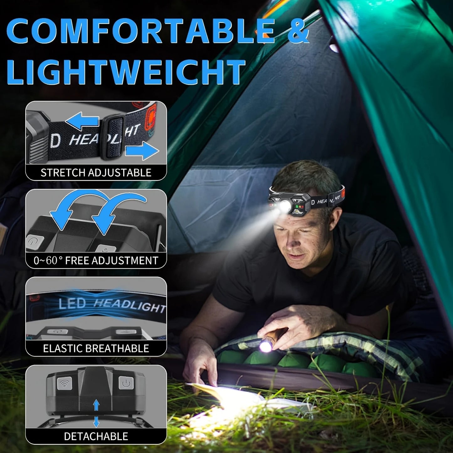Headlamp Flashlight, Ultra-Lightweight, High-Brightness LED Rechargeable Headlamp with White and Red Light, 2-Pack Motion-Sensing Headlamps, 5 Lighting Modes and Dual Independent Switches, Ideal for Outdoor Camping, Running,