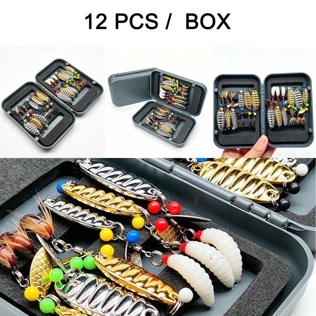 12Pieces Fly Fishing Files Sequin Kit #6-#10-#16 Handmade Dry Wet Nymphs Streamers Fly Fishing Lures for Trout Salmon with Fly Box