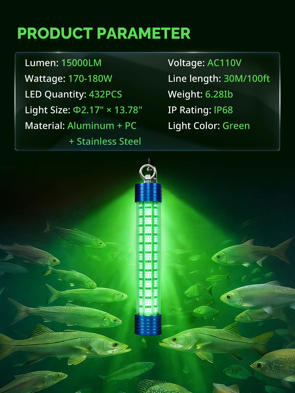4000LM Green Underwater Fishing Light, 50W 12V LED Power Clamp/Cigarette Lighter with 50ft Cable, IP68 Submersible Light Attractants for Night Fishing, Dock, Boat or Kayak