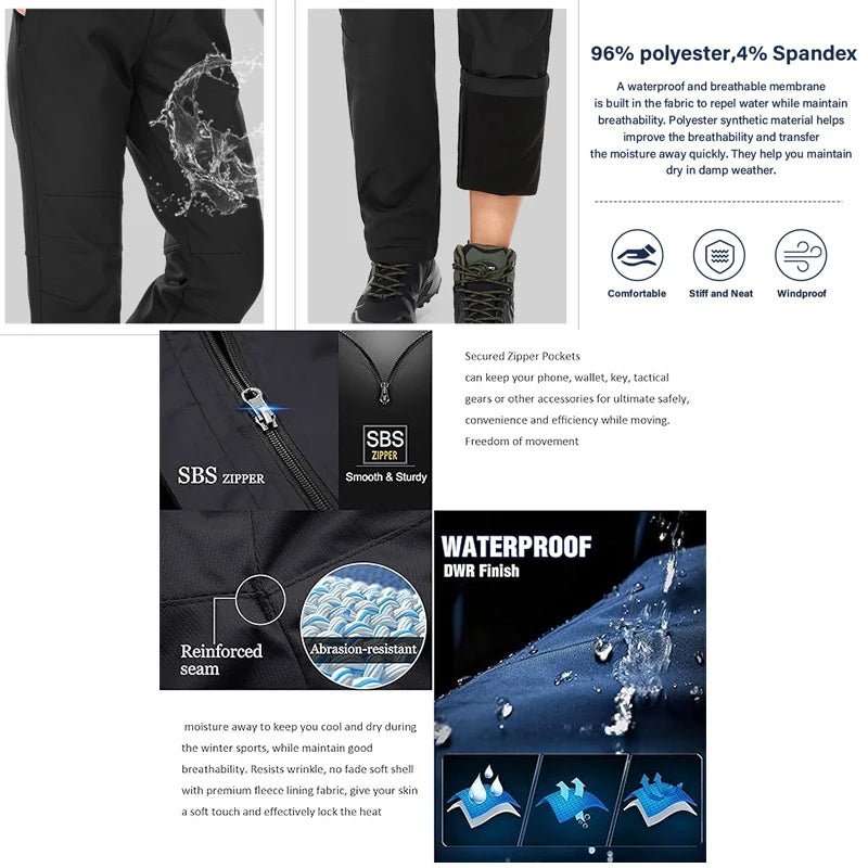 TRVLWEGO Winter Men Camping Hunting Fishing Hiking Pants Tactic Travel Soft Shell Warm Waterproof Fleece Windproof Outdoor Trekking Trousers