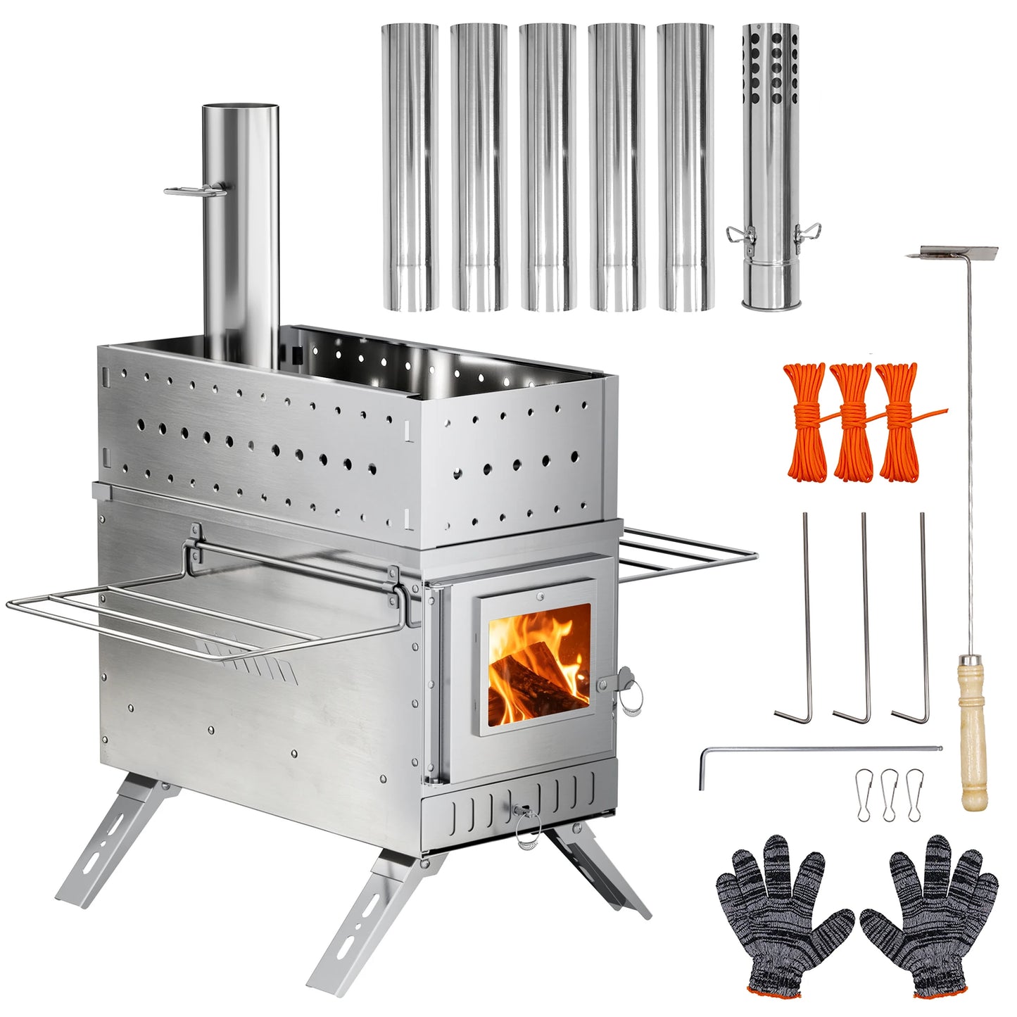 UNHO Tent Stove, Portable Wooden Stove, Large Stainless Steel Tent Fireplace, Equipped with 6 Chimney Pipes, Suitable for Outdoor Heating, Cooking, Hunting, Barbecue and Ice Fishing.