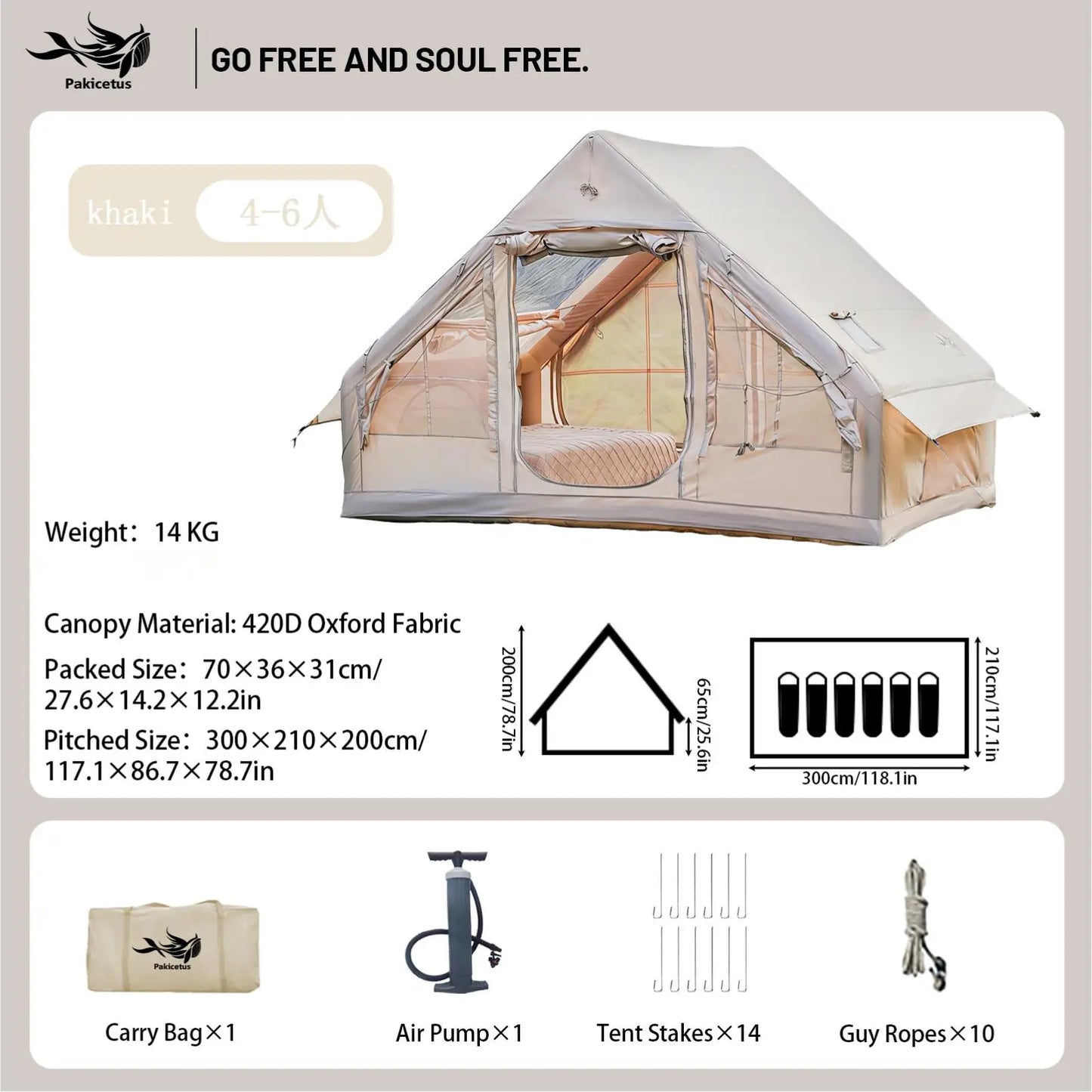 Pakicetus Quick Setup Inflatable Camping Tent, Waterproof Family Tent for 4-8 Persons, Portable Air Tent with Carry Bag