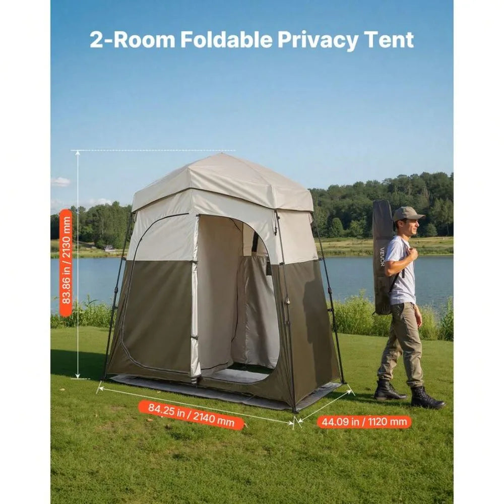 2-Person Camping Shower Tent Portable Privacy Dressing Room with Carry Bag 150D Oxford Fabric Silver Coating Changing Toilet Shelter Foldable Pop Up with Ground Stakes Ropes Outdoor Hiking Beach Fishing