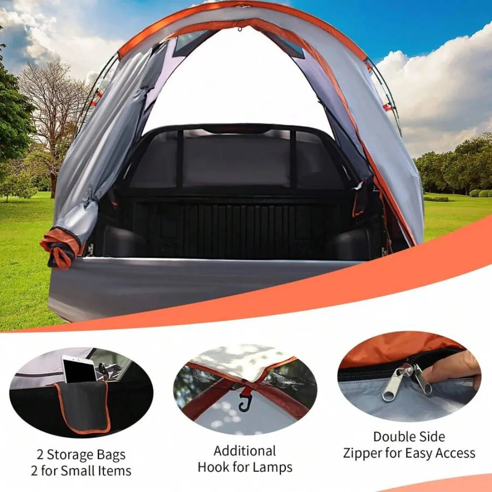 Pickup Truck Bed Tent, Waterproof 2000mm PU Coated Polyester Camping Shelter, Sleeps 2, Fits Full Size and Mid Size Truck Beds, Removable Rainfly, Fiberglass Poles, Mesh Windows, Storage Pockets, Carry Bag, Easy Setup All Sea