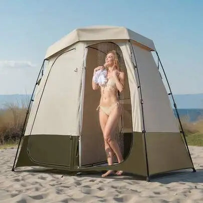2-Person Camping Shower Tent Portable Privacy Dressing Room with Carry Bag 150D Oxford Fabric Silver Coating Changing Toilet Shelter Foldable Pop Up with Ground Stakes Ropes Outdoor Hiking Beach Fishing