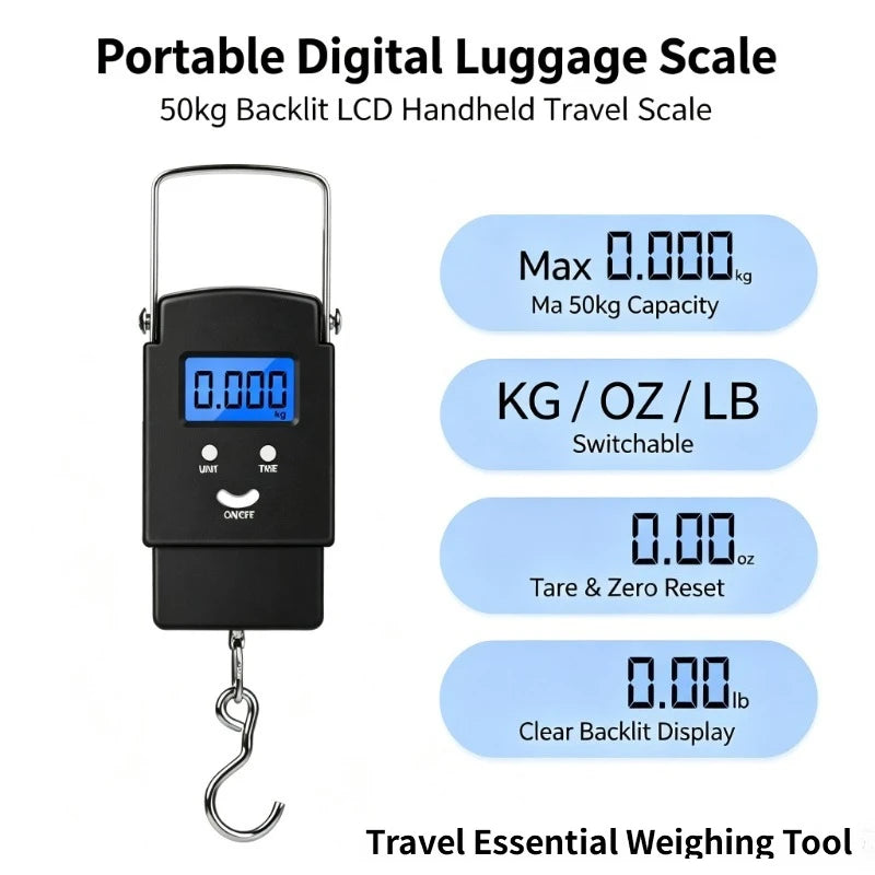 Portable Digital Hanging Luggage Scale, Multi-Unit Backlight LCD Hanging Scale Tare Function for Fishing Weighing