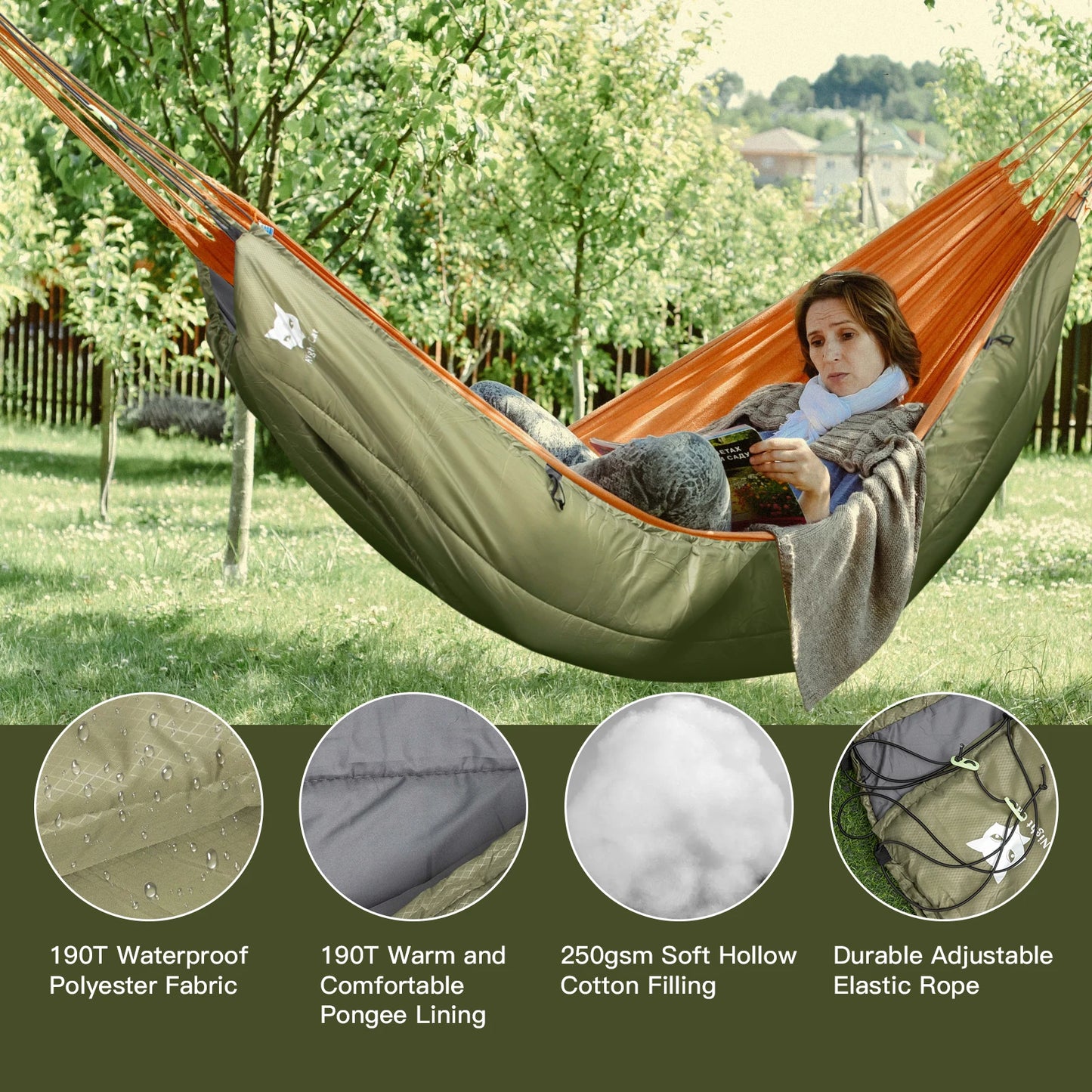 Night Cat Hammock Underquilts Sleeping Bag Single Insulated Under Blanket for Hammock 4 Seasons Lightweight Soft Warm 5-20℃ 8x3.6ft Army Green