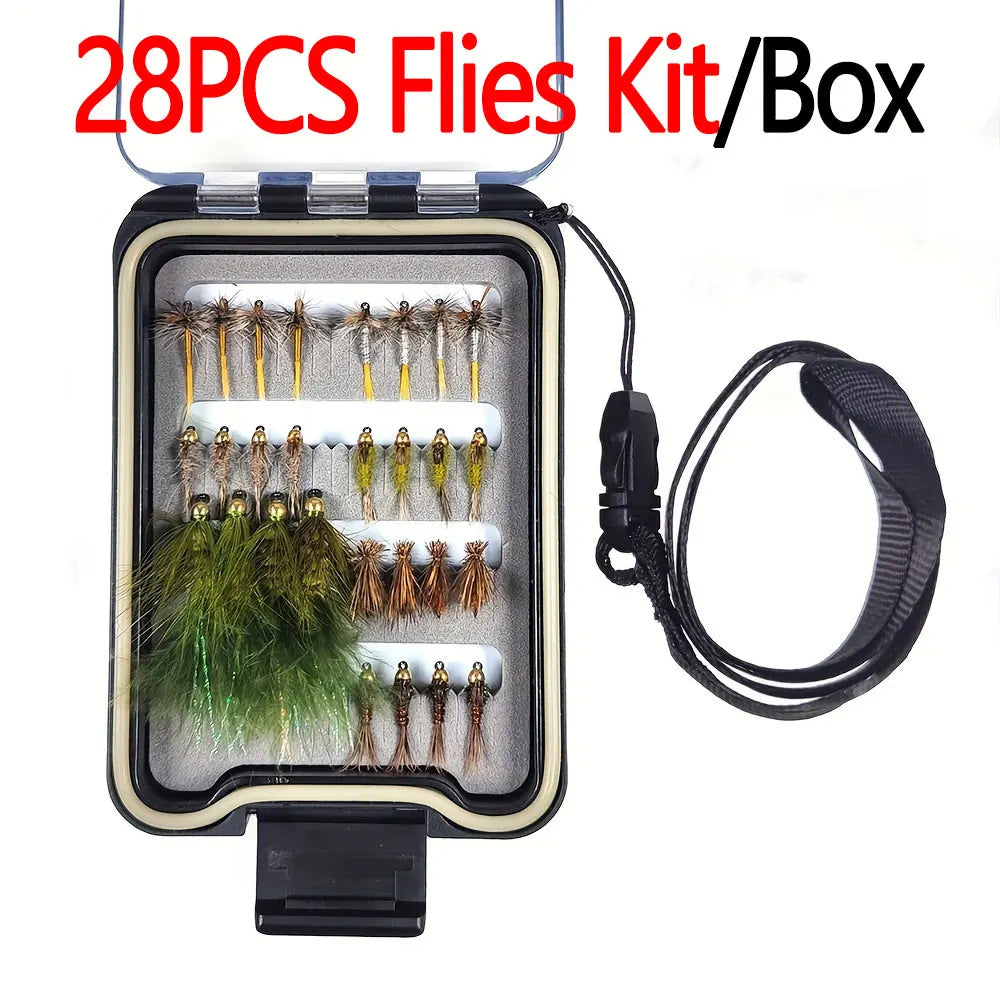 28pcs Flies Kit W/ Waterproof Box Adams Dry Fly Hare's Ear Nymph Elk Hair Caddis' Fly Woolly Bugger Streamer Trout Fishing Lures